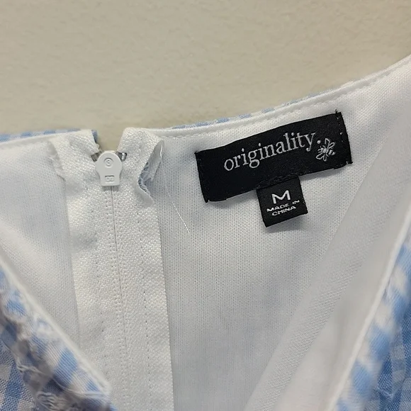 ORIGINALITY BLUE WHITE GINGHAM TIE-FRONT PUFF SLEEVE MINI DRESS SZ MEDIUM - Picture 4 of 14